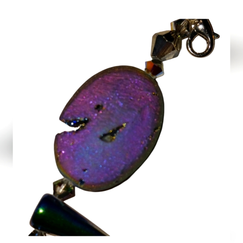 Rainbow druzy geode agate crystal necklace with glass skulls & spikes &earrings - Picture 12 of 15